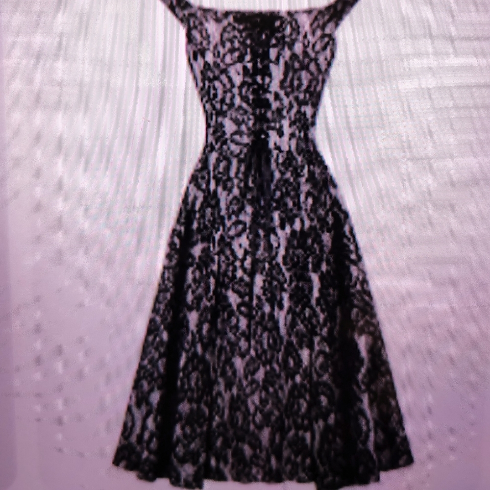 VTG Tahari Black Lace Overlay Pink Flare Cocktail Dress, Off Shoulder Sz 6